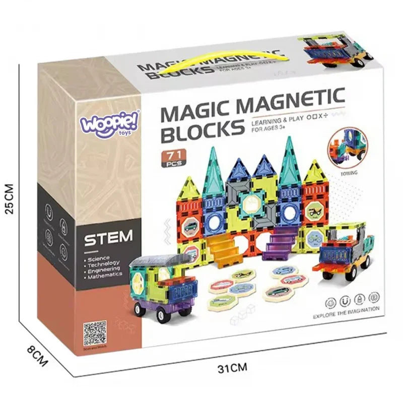 WOOPIE Klocki Magnetyczne 3D Zestaw Zamek Pojazdy 71el. - zabawki-dla-dziewczynki