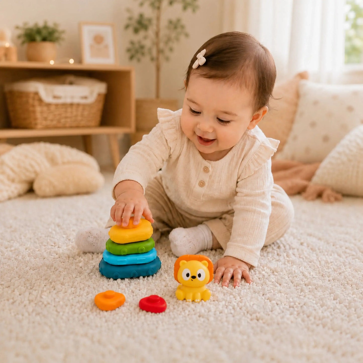 4-WOOPIE BABY Piramidka Sensoryczna Wieża Układanka Lew 6m+-4