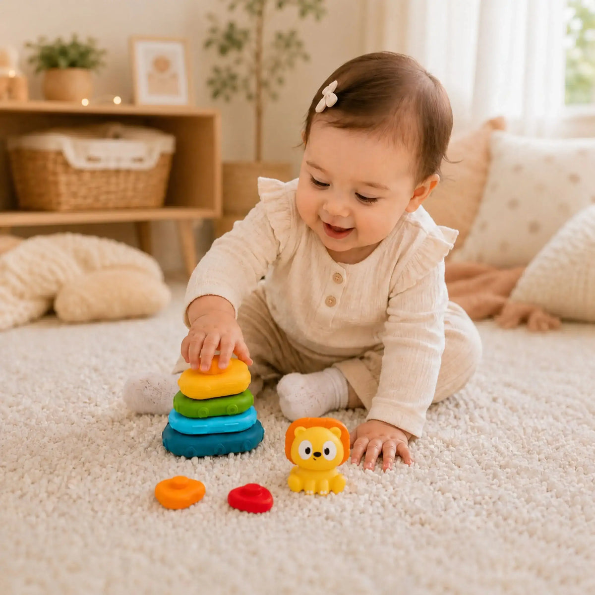 4-WOOPIE BABY Piramidka Sensoryczna Wieża Układanka Lew 6m+-4