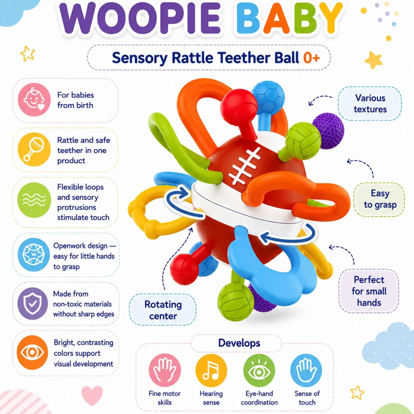 6-WOOPIE BABY Grzechotka Gryzak Sensoryczny Piłka dla Niemowląt Edukacyjna 0+ Miękka-6