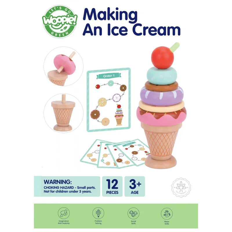 WOOPIE GREEN Drewniane Lody Układanka Montessori Cukiernia 12 el. - zabawki-dla-dziewczynki
