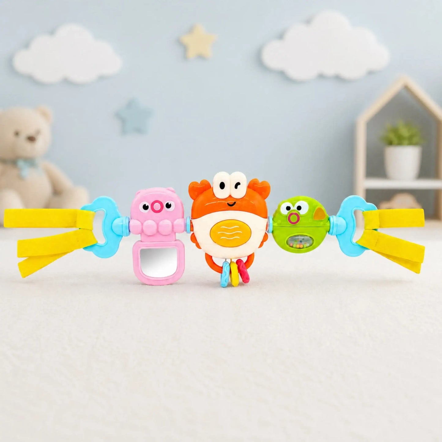 3-WOOPIE BABY Zawieszka do Wózka Łóżeczka Sensoryczna Grający Krab Lusterko Rybka 6m-3