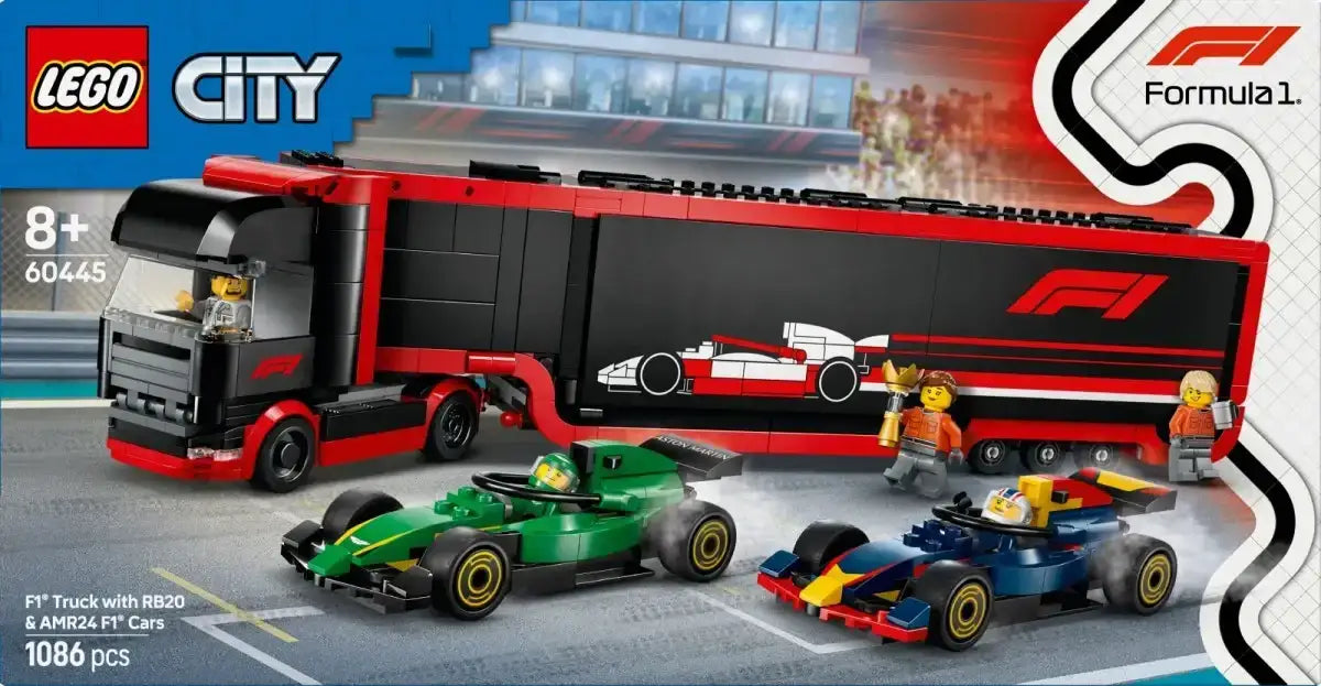LEGO F1 – ciężarówka transportowa i dwa bolidy wyścigowe