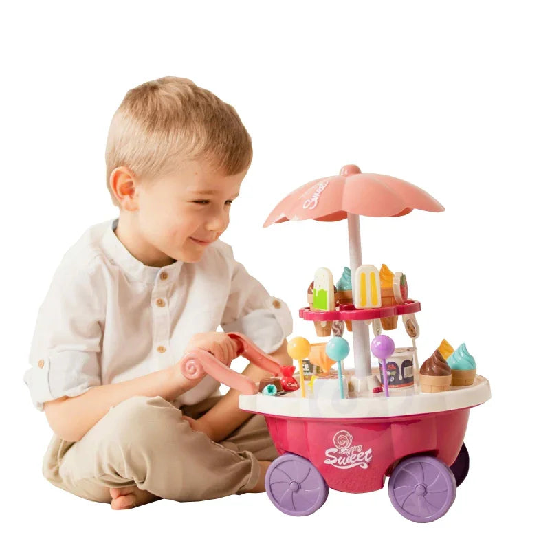 WOOPIE Sklep Food Truck Cukiernia Wózek Stoisko z Lodami Słodyczami Dźwięk Światło + 36 Akc - zabawki-dla-dziewczynki