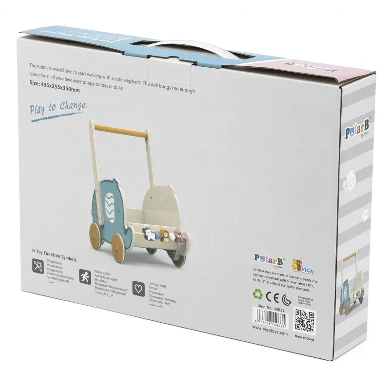 Viga PolarB Drewniany Wózek 2w1 Chodzik Pchacz Słonik - zabawki-dla-dziewczynki