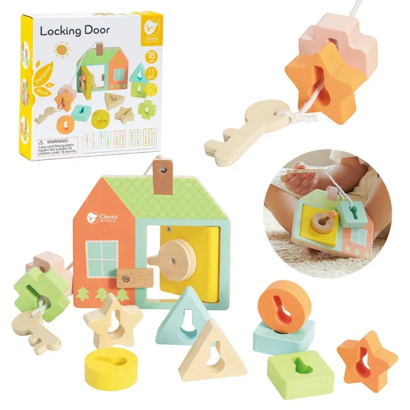 CLASSIC WORLD Drewniana Przeplatanka Klocki do Nawlekania Klucze i Drzwi MONTESSORI 11 el. - zabawki-dla-dziewczynki