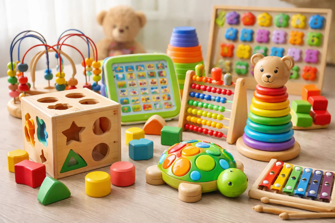 Kolekcja kolorowych zabawek edukacyjnych dla trzylatka: sorter kształtów, liczydło, kręgi do układania, tablica z cyframi, tablet i cymbałki.