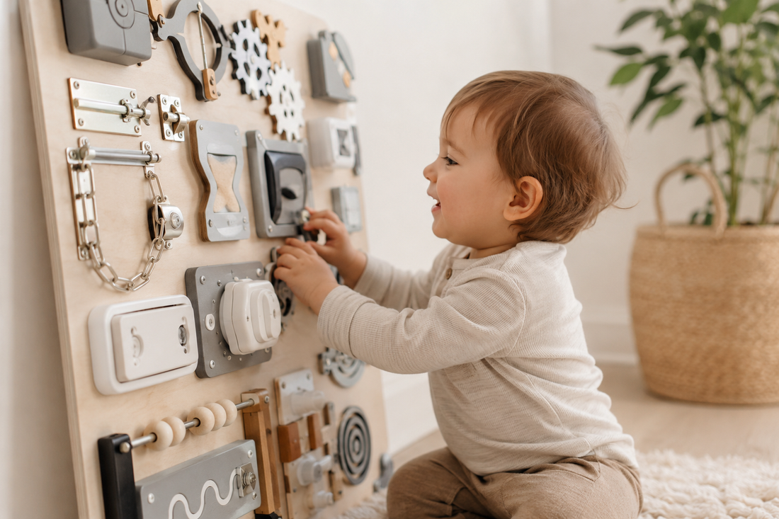 Dziecko korzystające z drewnianej tablicy manipulacyjnej Montessori – zabawki sensorycznej rozwijającej motorykę małą, koordynację ręka–oko i umiejętności poznawcze.
