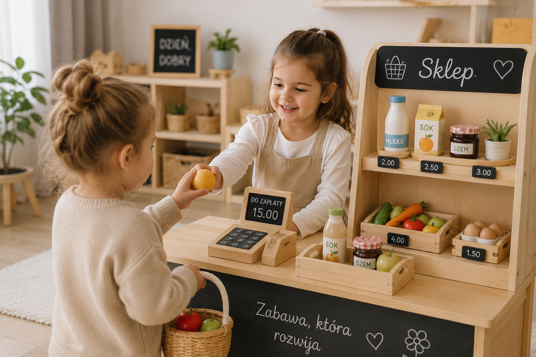 Dwie dziewczynki bawią się w sklep, odgrywając role sprzedawczyni i klientki przy drewnianym stoisku z zabawkami.