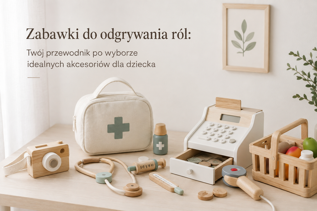 Zabawki do odgrywania ról dla dzieci – drewniany zestaw akcesoriów lekarza, kasa sklepowa, aparat fotograficzny i koszyk na zakupy.