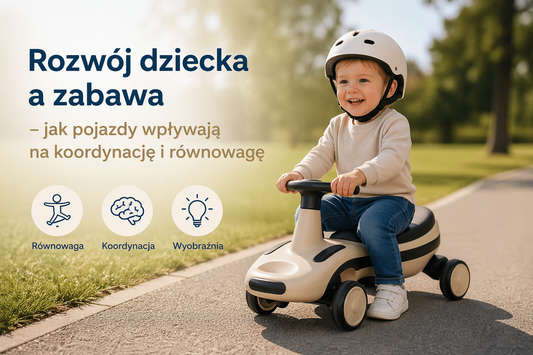Dziecko jeżdżące na jeździku w parku, ilustracja przedstawiająca rozwój równowagi, koordynacji i aktywną zabawę na świeżym powietrzu.