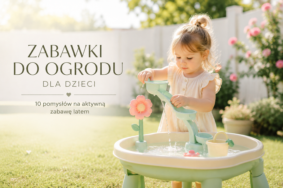 Zabawki do ogrodu dla dzieci – dziewczynka bawi się przy stoliku wodnym w ogrodzie, 10 pomysłów na aktywną zabawę latem.