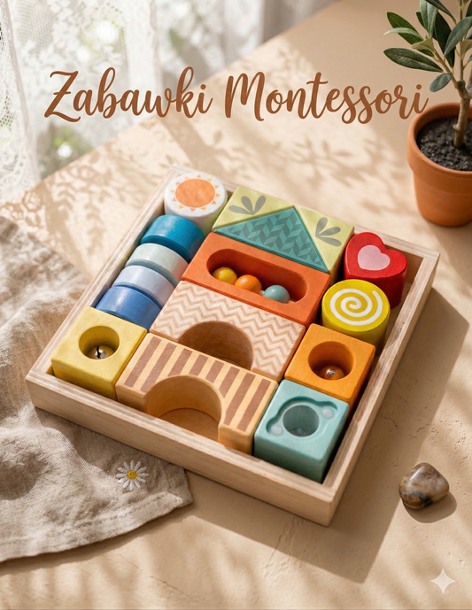 Edukacyjne zabawki Montessori dla dzieci – mama bawi się z dziećmi przy drewnianych zabawkach edukacyjnych