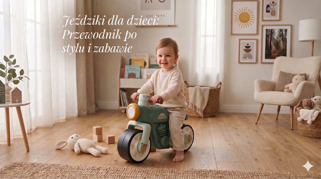 Małe dziecko siedzi na stylowym, miętowym jeździku-motocyklu retro. W tle przytulny wystrój pokoju dziecięcego, drewniana podłoga i zabawki.