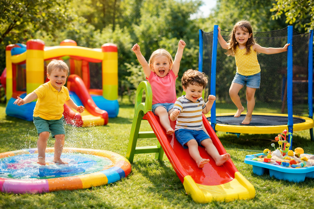 Dzieci bawiące się w ogrodzie: zjeżdżalnia, trampolina i dmuchany zamek w słoneczny dzień.