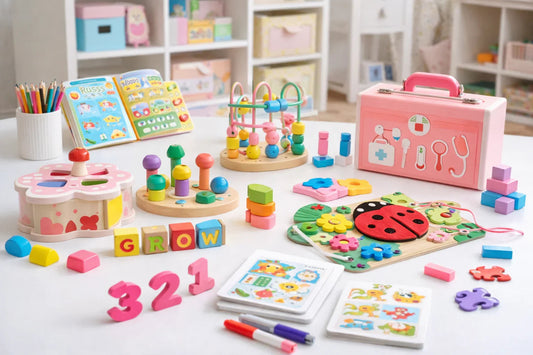 Kolorowe zabawki edukacyjne dla 3-letniej dziewczynki: drewniane puzzle, klocki, zestaw lekarski i interaktywna książka na białym stole.