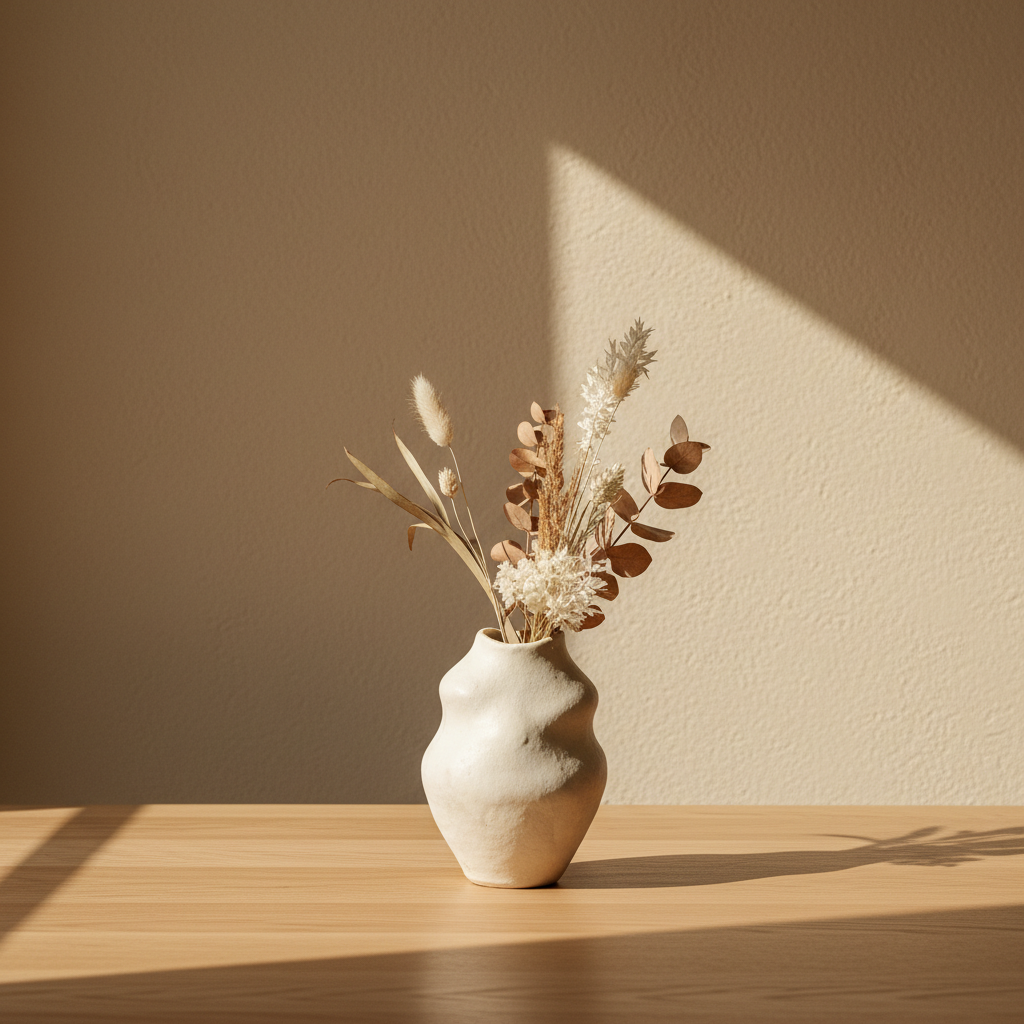 elegant ceramic vase with dried flowers on a light wooden surface