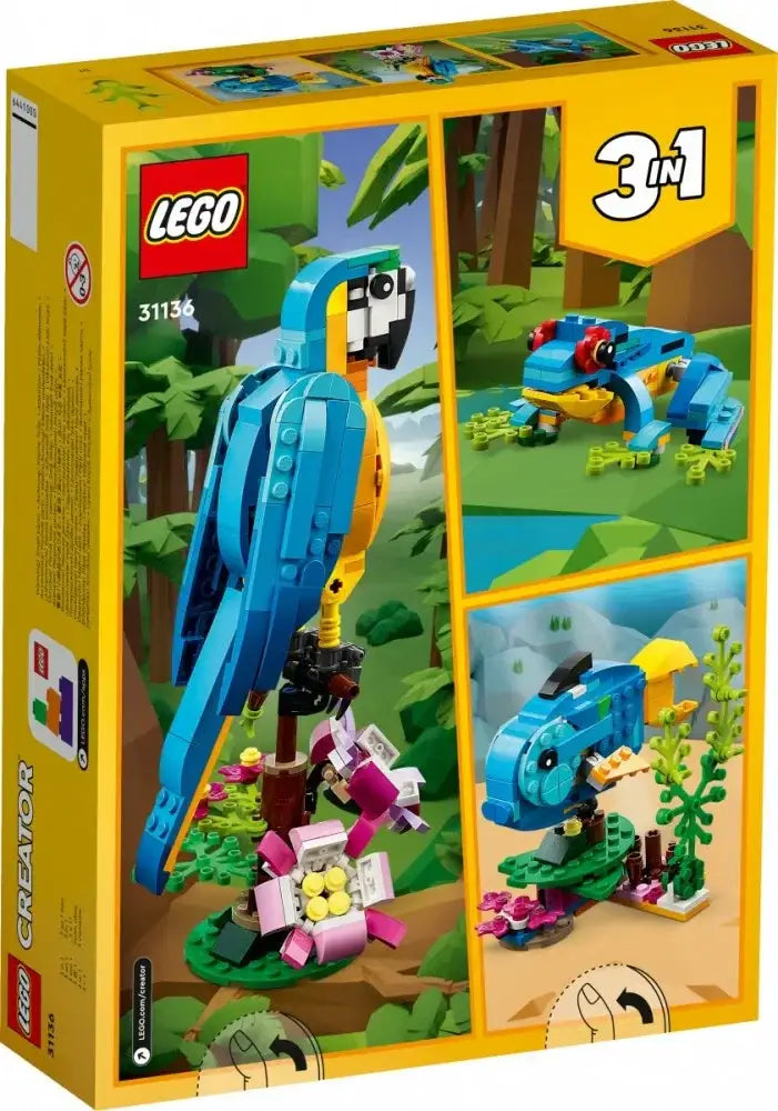 LEGO Creator 3w1 zestaw klocków z papugą, żabą i rybą, kolorowe zabawki -  zabawki-dla-dziewczynki