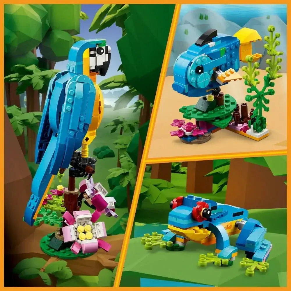 Kolorowe klocki LEGO przedstawiające papugę, rybę i żabę, zabawki kreatywne -  zabawki-dla-dziewczynki