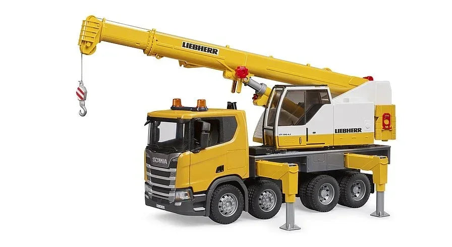 żółty zabawkowy dźwig Liebherr na kołach, kreatywna zabawka dla dzieci