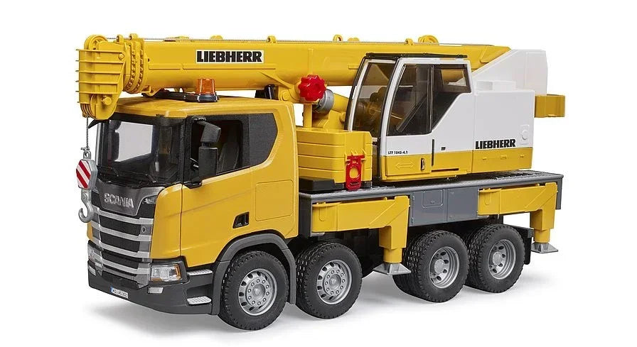 Żółty dźwig zabawka Liebherr na ciężarówce Scania, zabawki dla dzieci, pojazd budowlany