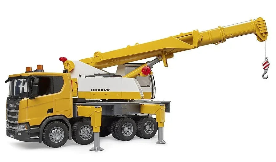 zabawka żuraw samochodowy dla dzieci, żółty dźwig Liebherr, kreatywna zabawka rozwojowa