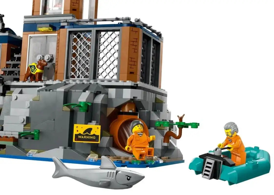 Klocki LEGO więzienie z figurkami, pieskiem, rekinem i łodzią, kreatywna zabawka dla dzieci