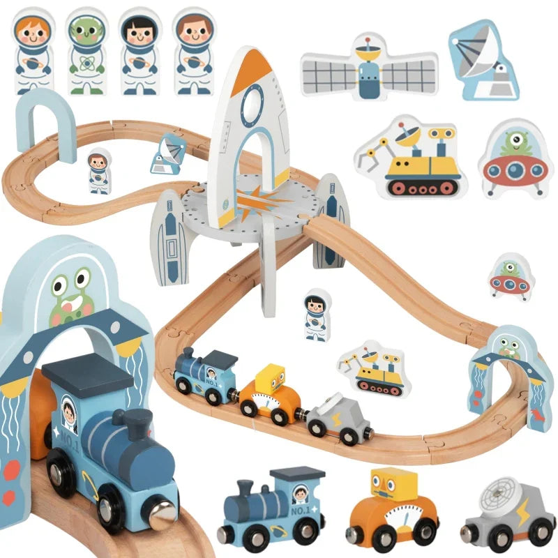 TOOKY TOY Drewniana Kolejka Kosmiczna Zestaw Tory - zabawki-dla-dziewczynki