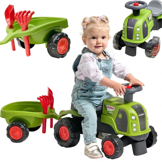 FALK Jeździk Claas 470 Arion zielony z przyczepką i zestawem do piasku - zabawki-dla-dziewczynki