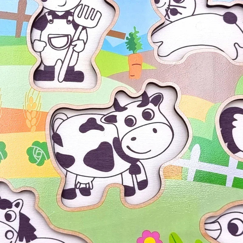 WOOPIE GREEN Drewniane Puzzle Montessori Farma z Pinezkami Do Dopasowania - zabawki-dla-dziewczynki