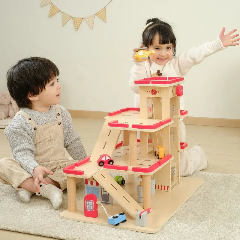 VIGA Drewniany Parking dla Samochodzików z Windą 4 Autka Helikopter - zabawki-dla-dziewczynki