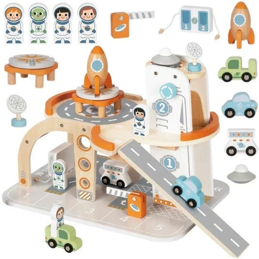 TOOKY TOY Drewniany Kosmiczny Parking Stacja Kosmiczna - zabawki-dla-dziewczynki