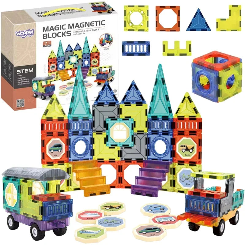 WOOPIE Klocki Magnetyczne 3D Zestaw Zamek Pojazdy 71el. - zabawki-dla-dziewczynki