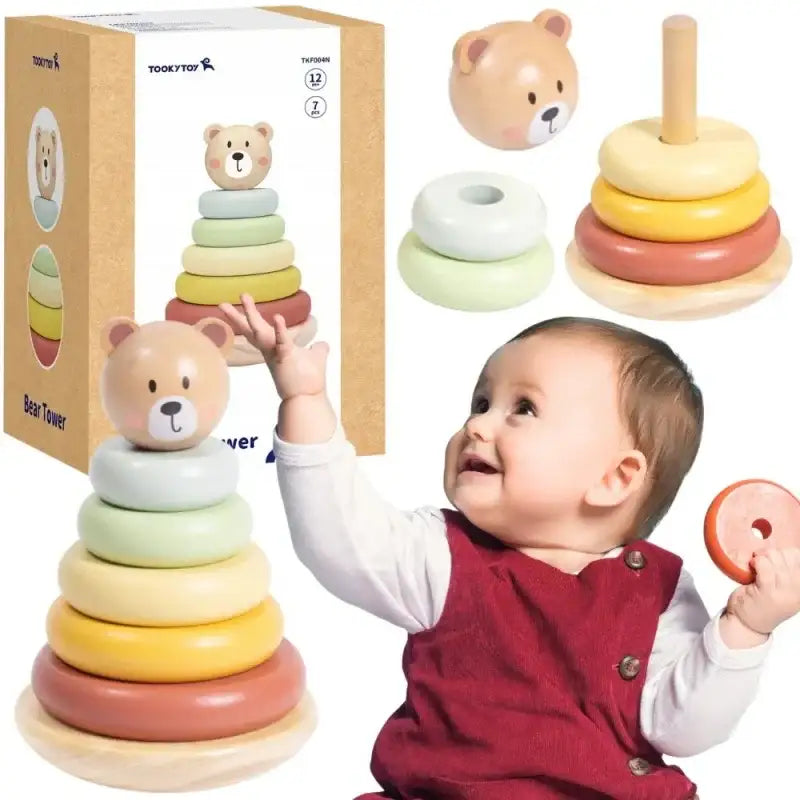 TOOKY TOY Drewniana Układanka Sensoryczna Piramidka Miś Sensoryczny Kolorowy Stacker - zabawki-dla-dziewczynki