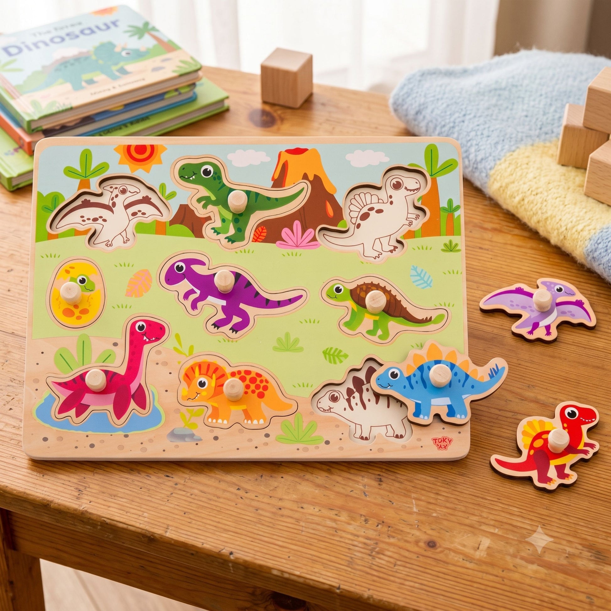 3-TOOKY TOY Drewniane Puzzle Montessori Układanka Dinozaury Kształty-3