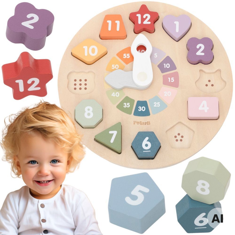 1-Viga Drewniany Zegar Sorter Kształtów Edukacyjny 18m+-1