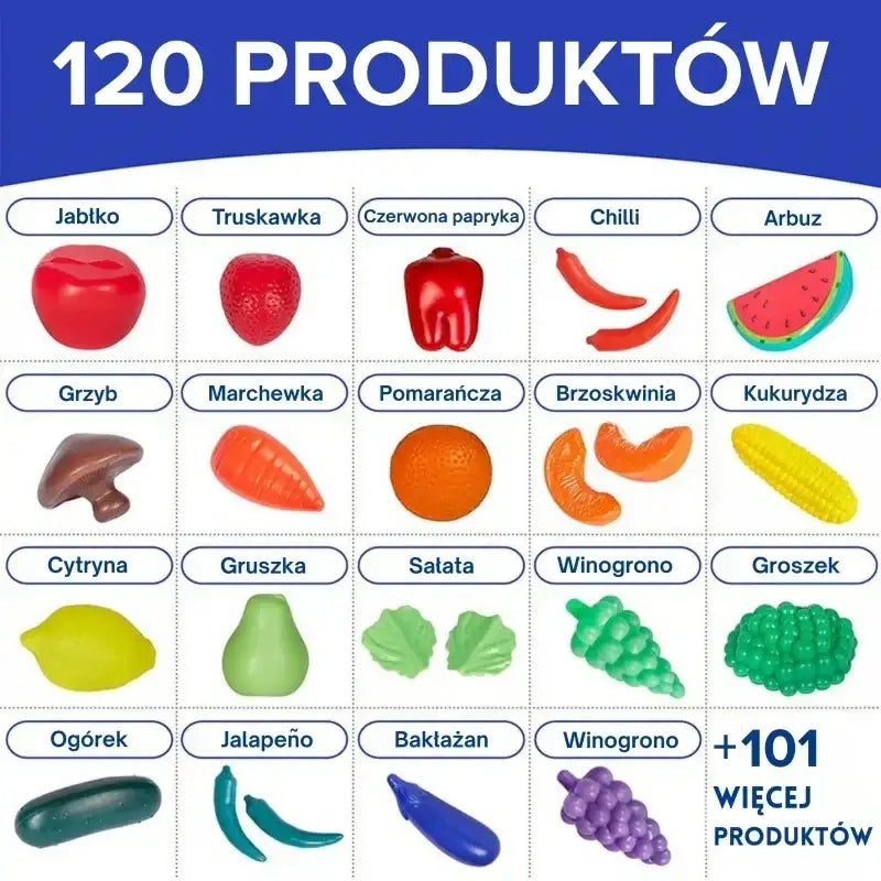 Zestaw kuchenny WOOPIE 120 elementów warzywa owoce do zabawy - zabawki-dla-dziewczynki