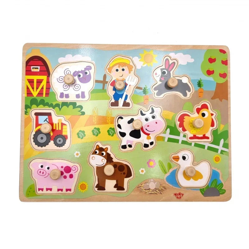 WOOPIE GREEN Drewniane Puzzle Montessori Farma z Pinezkami Do Dopasowania - zabawki-dla-dziewczynki