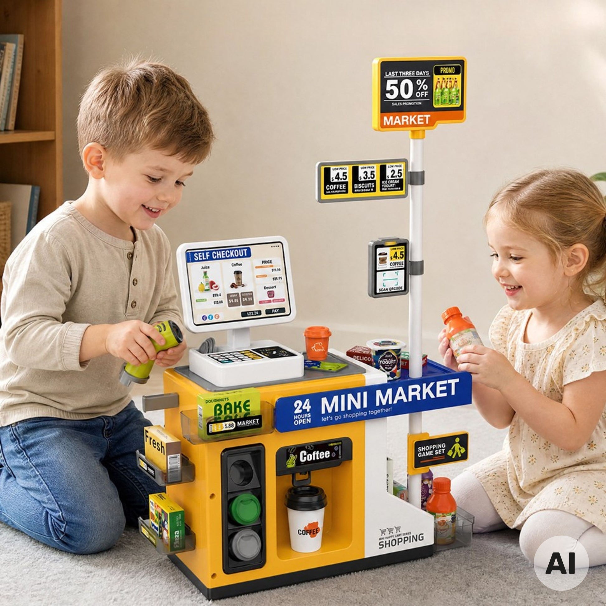 2-WOOPIE Sklep Mini Market Interaktywna Kasa Skaner Akcesoria Dźwięki Światło-2
