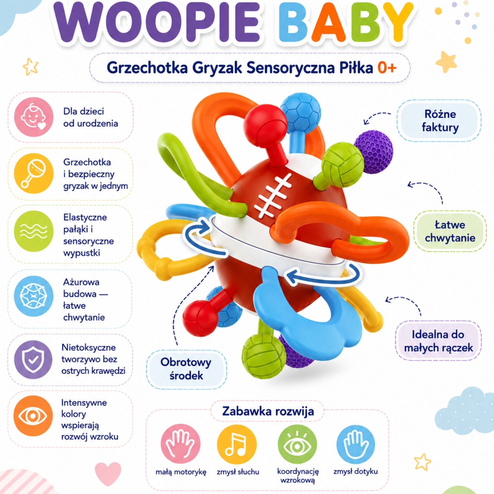 5-WOOPIE BABY Grzechotka Gryzak Sensoryczny Piłka dla Niemowląt Edukacyjna 0+ Miękka-5