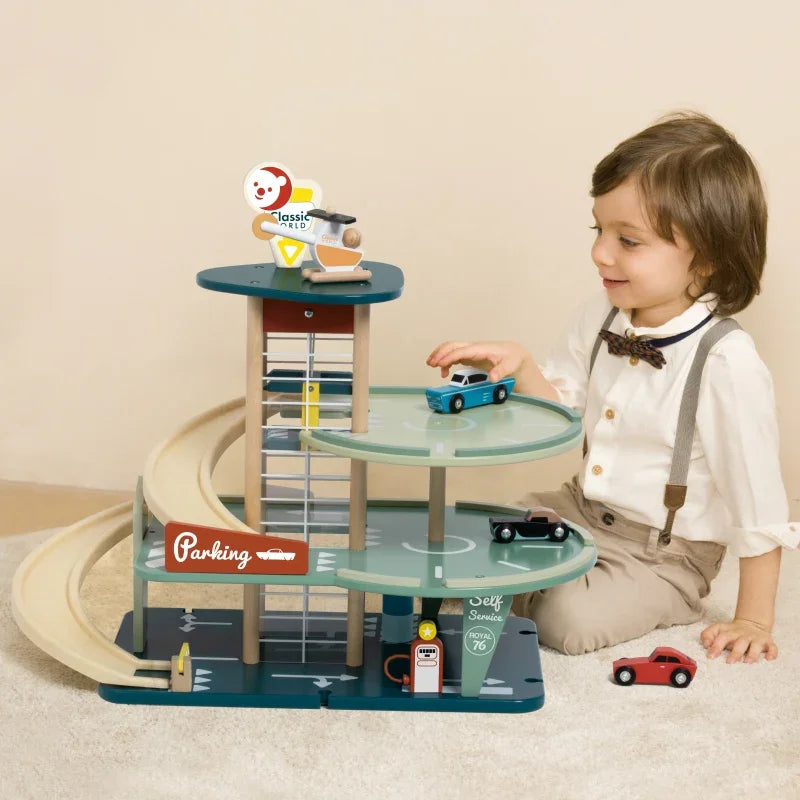 CLASSIC WORLD Wielopoziomowy Parking Auta Helikopter Dystybutor Myjnia + Akc. - zabawki-dla-dziewczynki