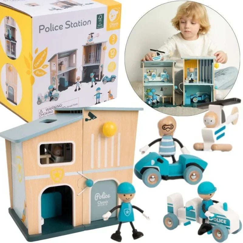 CLASSIC WORLD Posterunek Policji Drewniany Samochód Helikopter FIgurki 12el. - zabawki-dla-dziewczynki