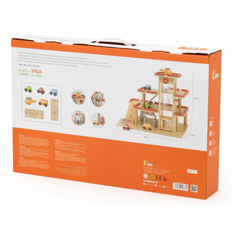 VIGA Drewniany Parking dla Samochodzików z Windą 4 Autka Helikopter - zabawki-dla-dziewczynki