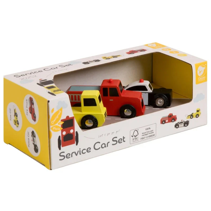 CLASSIC WORLD Drewniane Samochodziki Policja Straż Laweta Zestaw 3 szt. - zabawki-dla-dziewczynki
