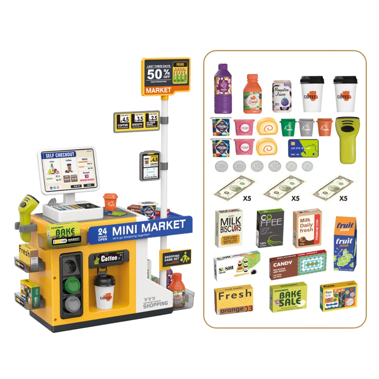 6-WOOPIE Sklep Mini Market Interaktywna Kasa Skaner Akcesoria Dźwięki Światło-6