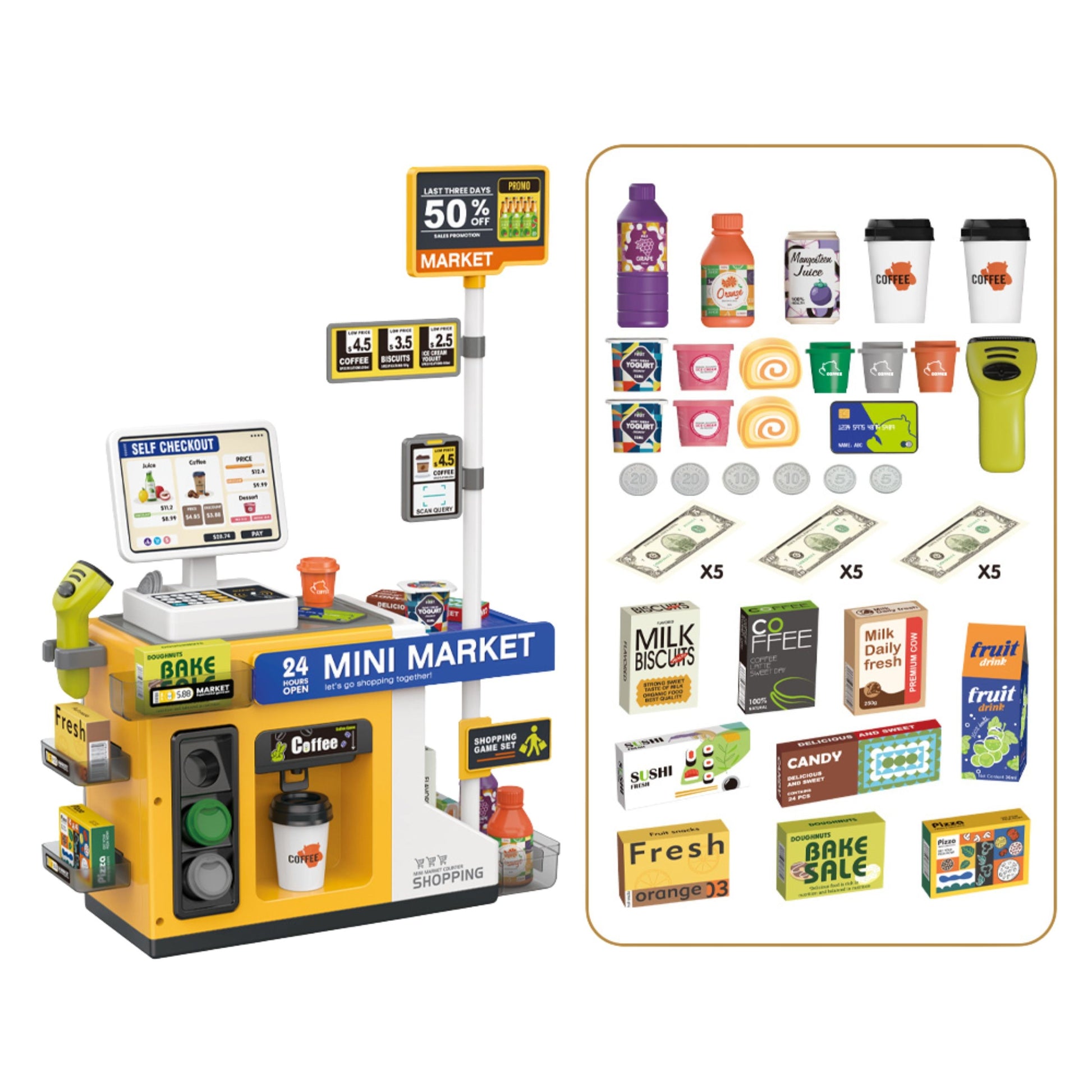 6-WOOPIE Sklep Mini Market Interaktywna Kasa Skaner Akcesoria Dźwięki Światło-6