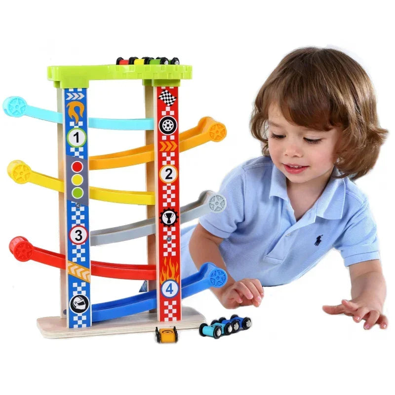 TOOKY TOY kolorowa zjeżdżalnia tor dla samochodów drewniana zabawka - zabawki-dla-dziewczynki