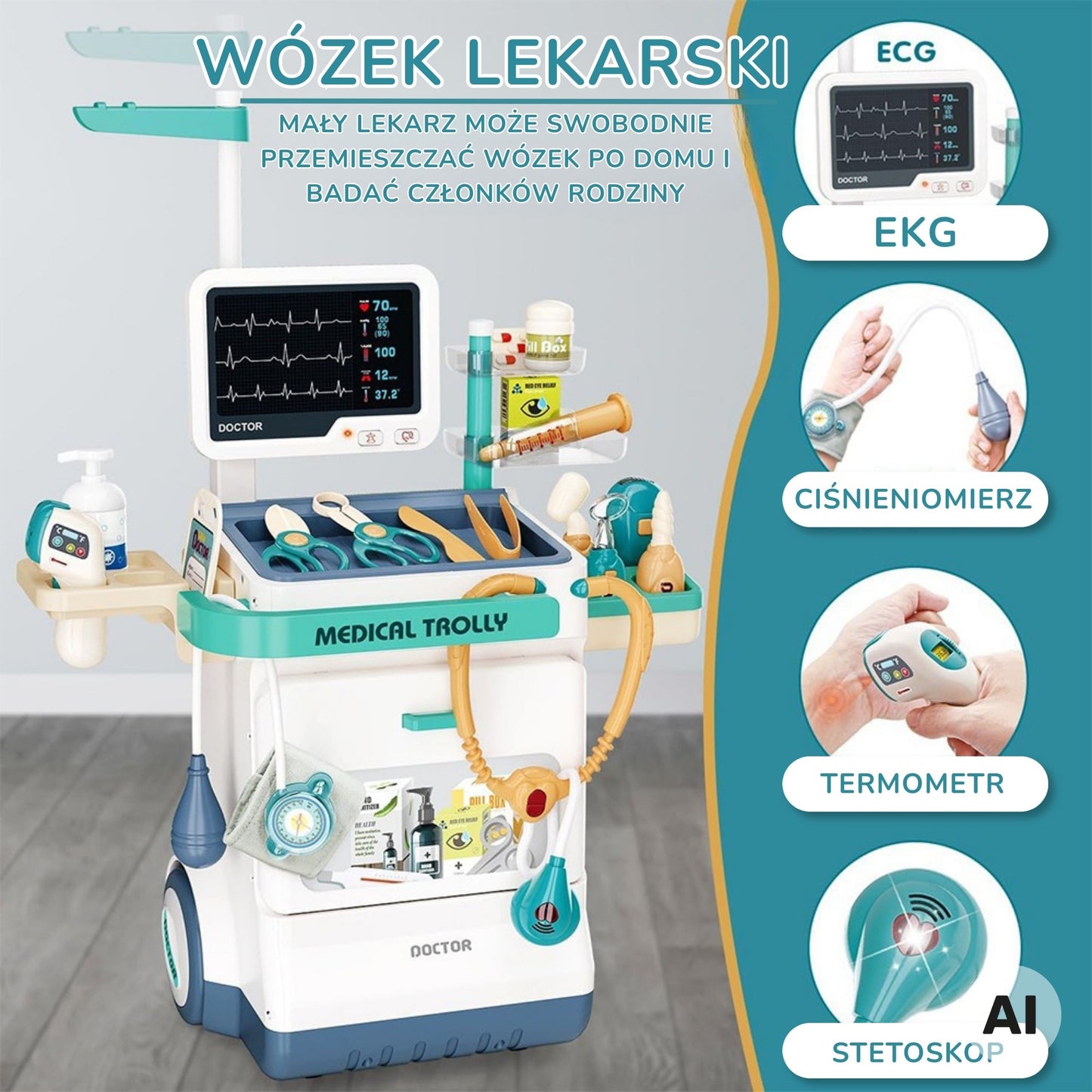3-WOOPIE Wózek Lekarski Zestaw Mały Doktor EKG Dźwięk Światło Regulowany 26el-3