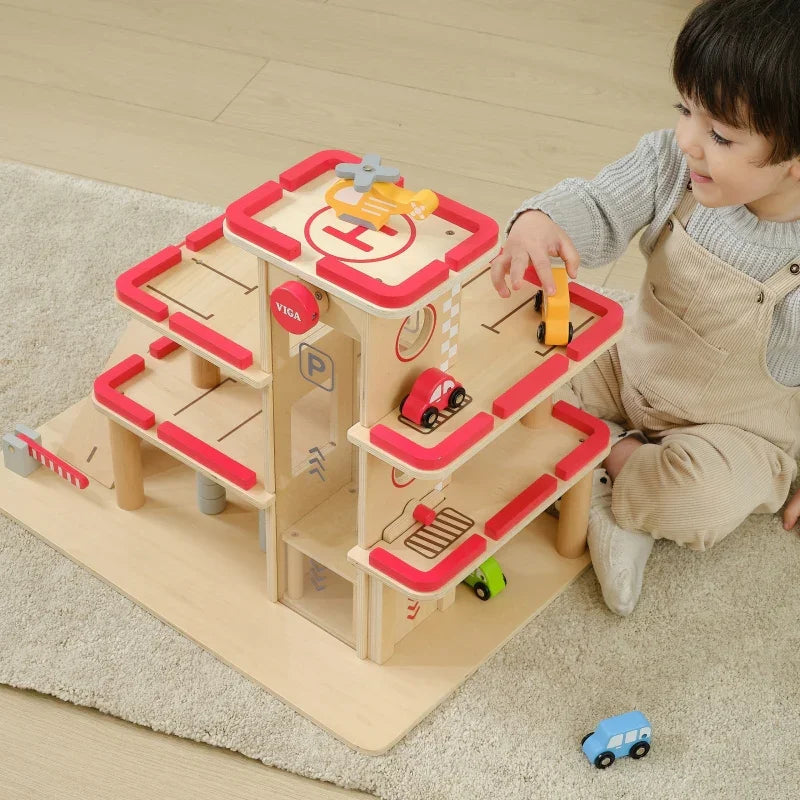 VIGA Drewniany Parking dla Samochodzików z Windą 4 Autka Helikopter - zabawki-dla-dziewczynki