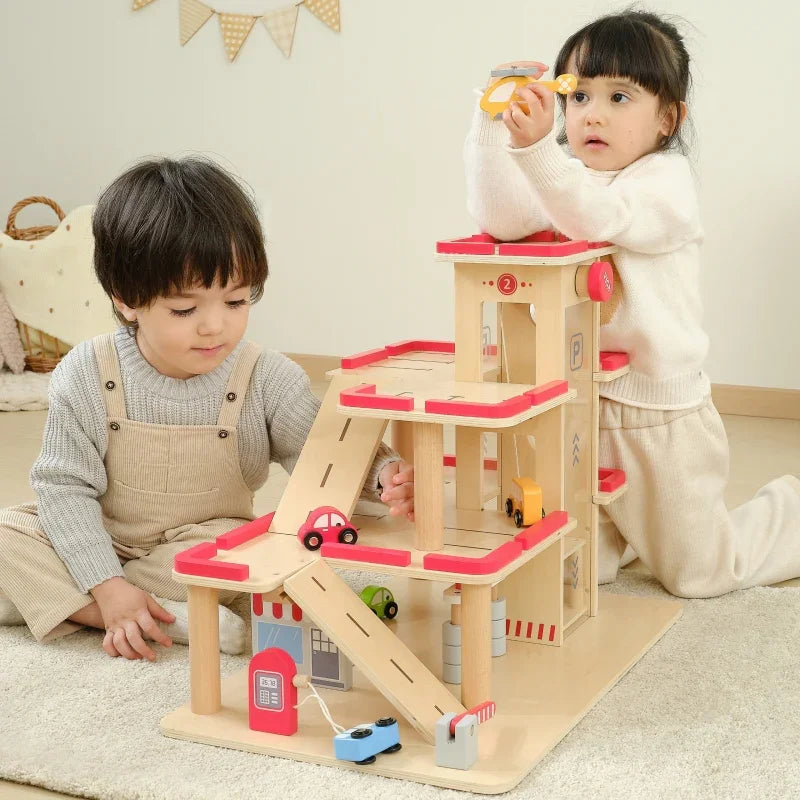 VIGA Drewniany Parking dla Samochodzików z Windą 4 Autka Helikopter - zabawki-dla-dziewczynki